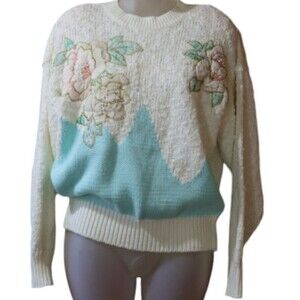 Needles & Yarn Vintage Pastel Knit Embroidered Pearl Appliqué Sweater Large